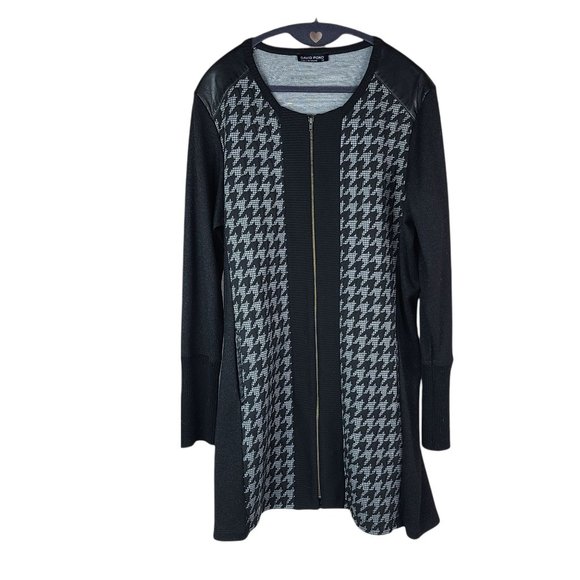 David Pond Houndstooth Black Front Full Zipper Long Sleeved Dress Size 16 - Picture 1 of 9